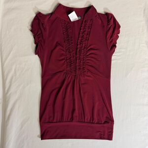 Burgundy Blouse Womens Medium Shirt Ruffled Top Short Sleeve Stretch Office Work